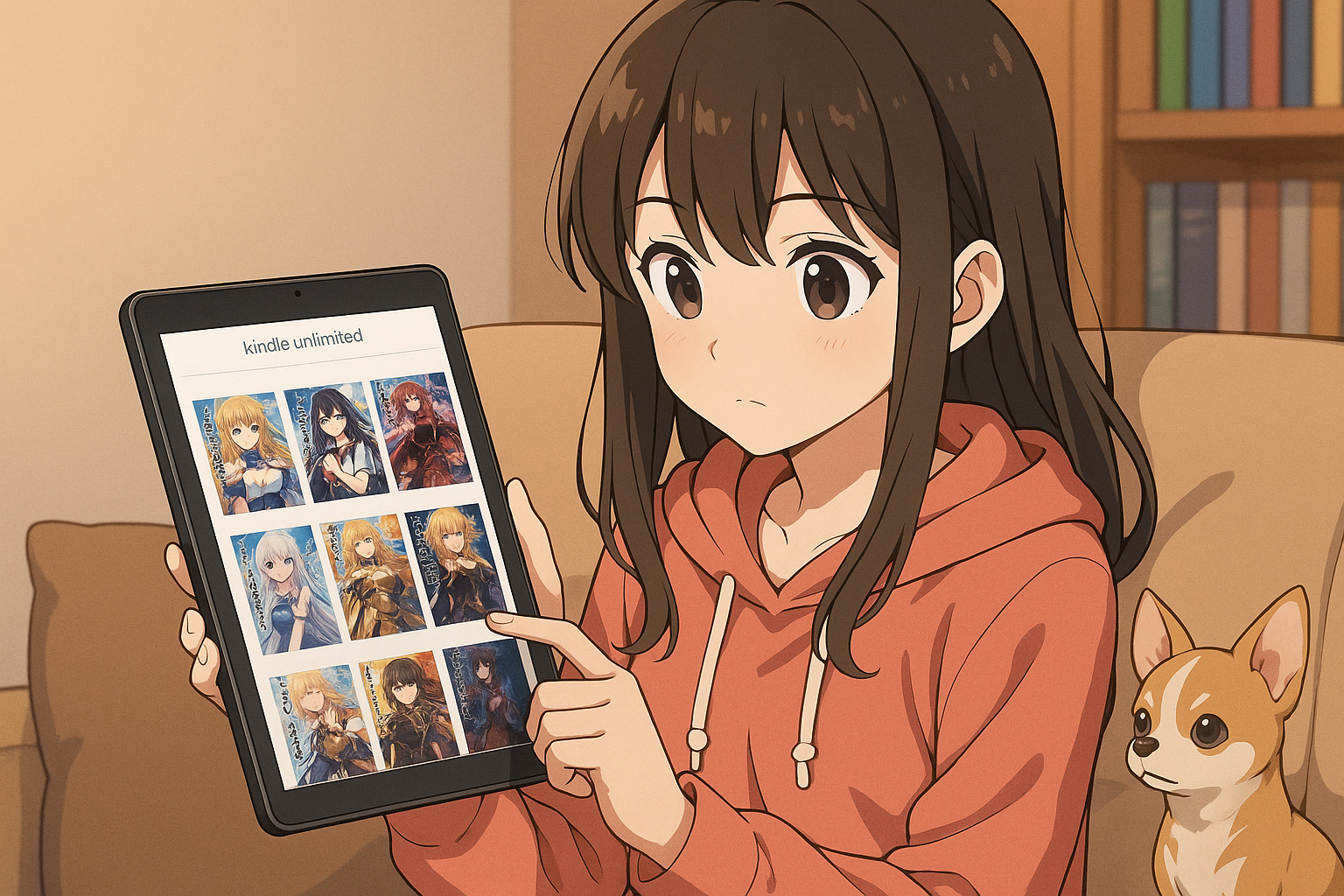 タブレット片手に悩んでいる女性のイラスト