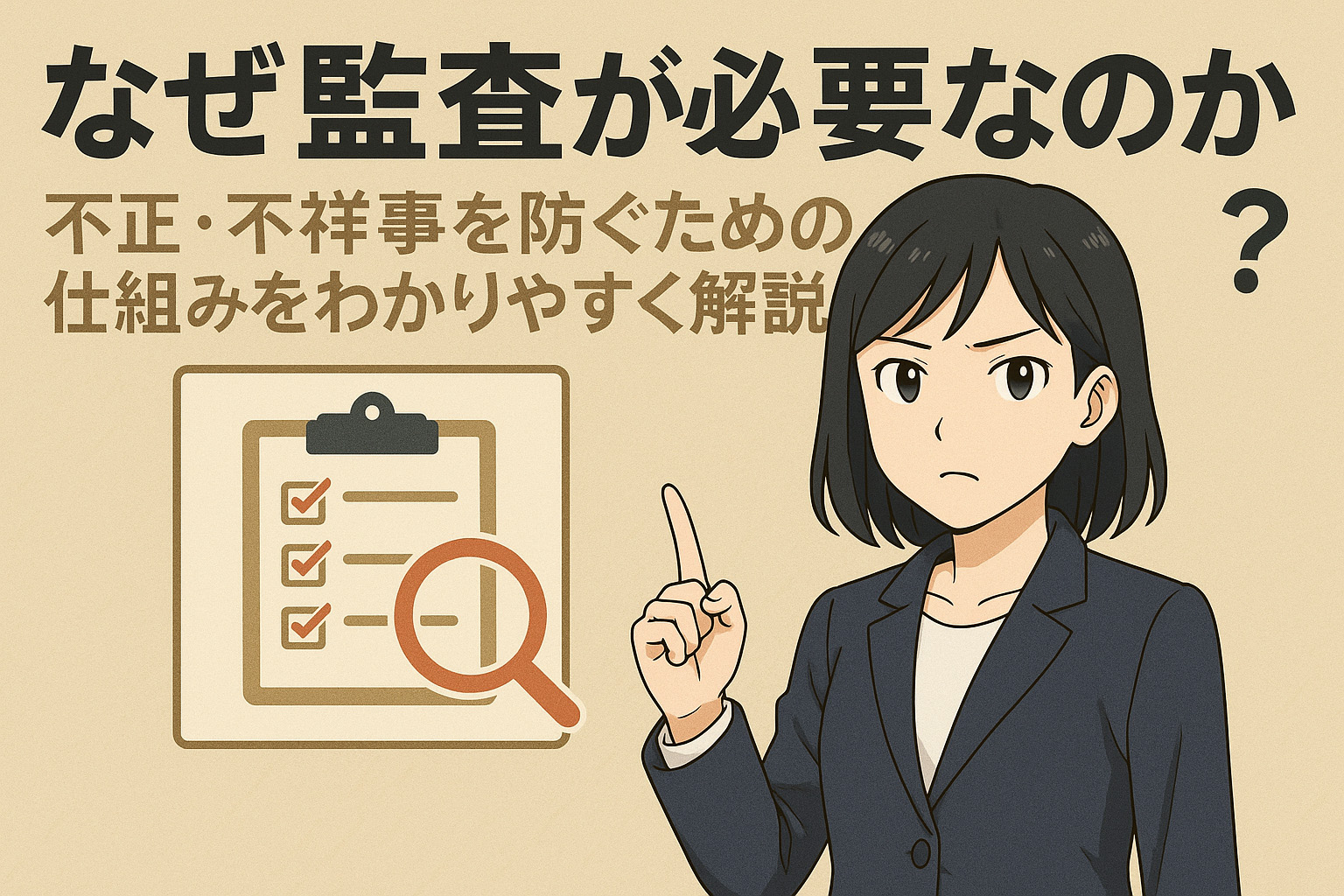 なぜ監査が必要なのかを説明している女性のイラスト