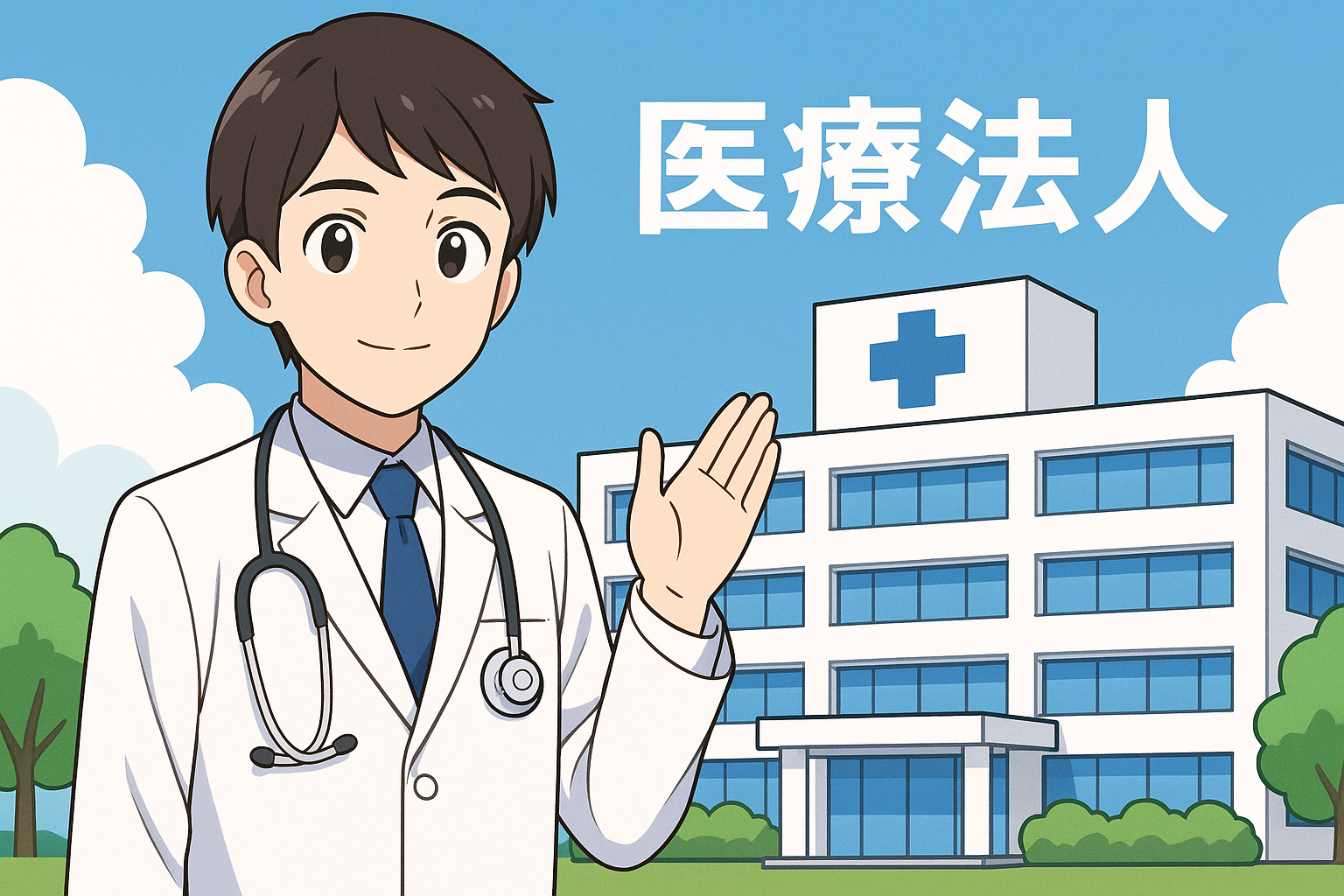 病院をバックにこちらを向いている男性のイラスト