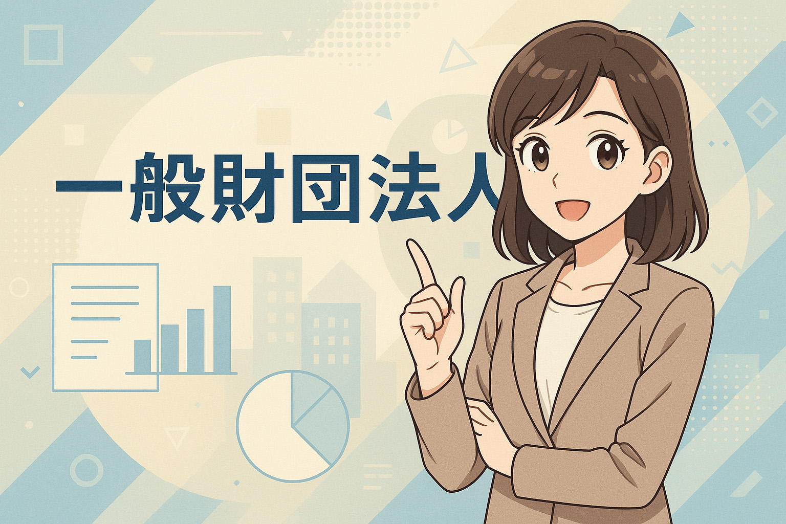 一般財団法人の文字をバックにこちらを向いている女性のイラスト