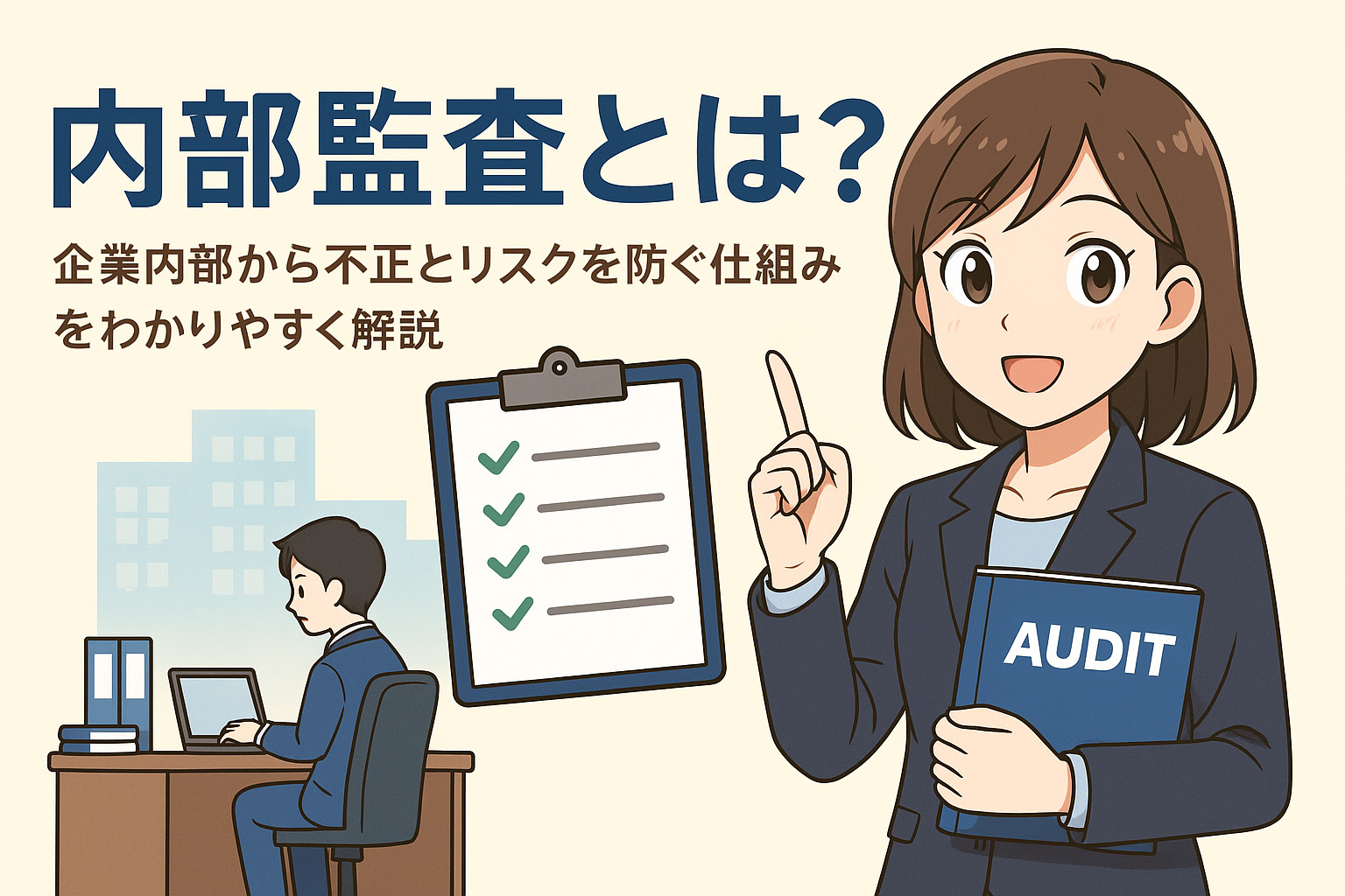 内部監査について説明している女性のイラスト