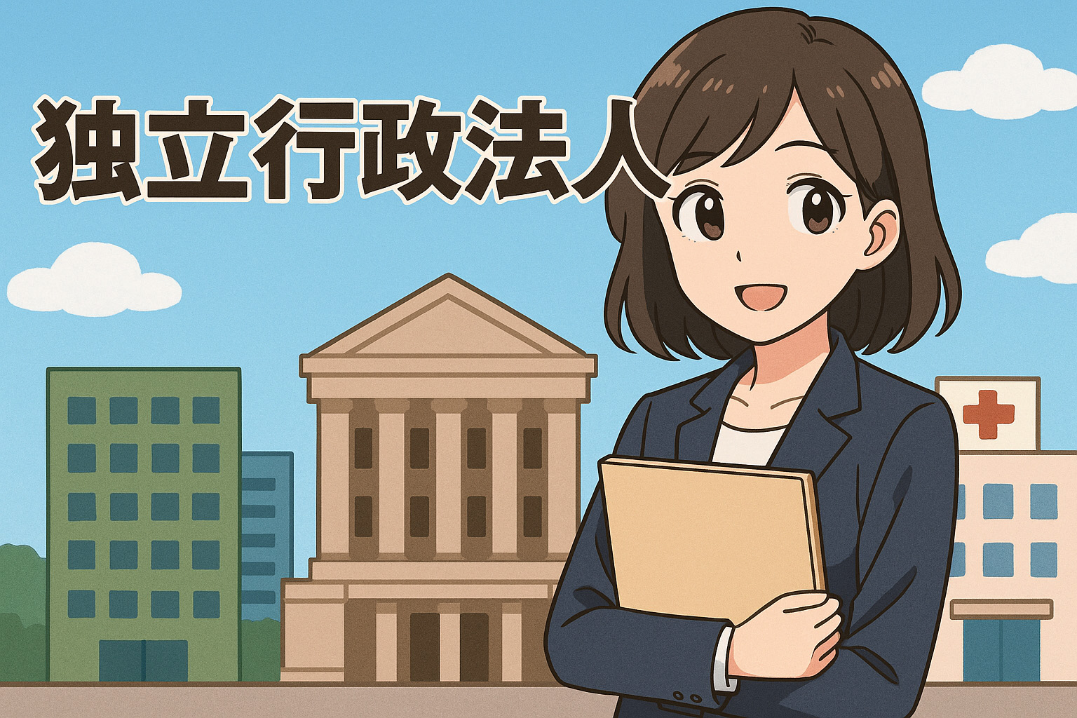 公法人系の施設の前でこちらを向いている女性のイラスト