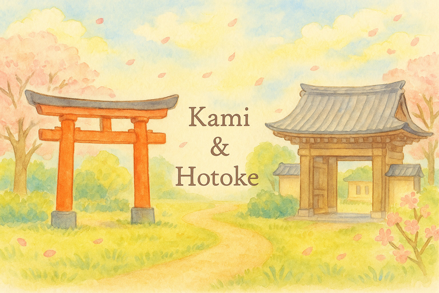 お寺の門と神社の鳥居のイラスト