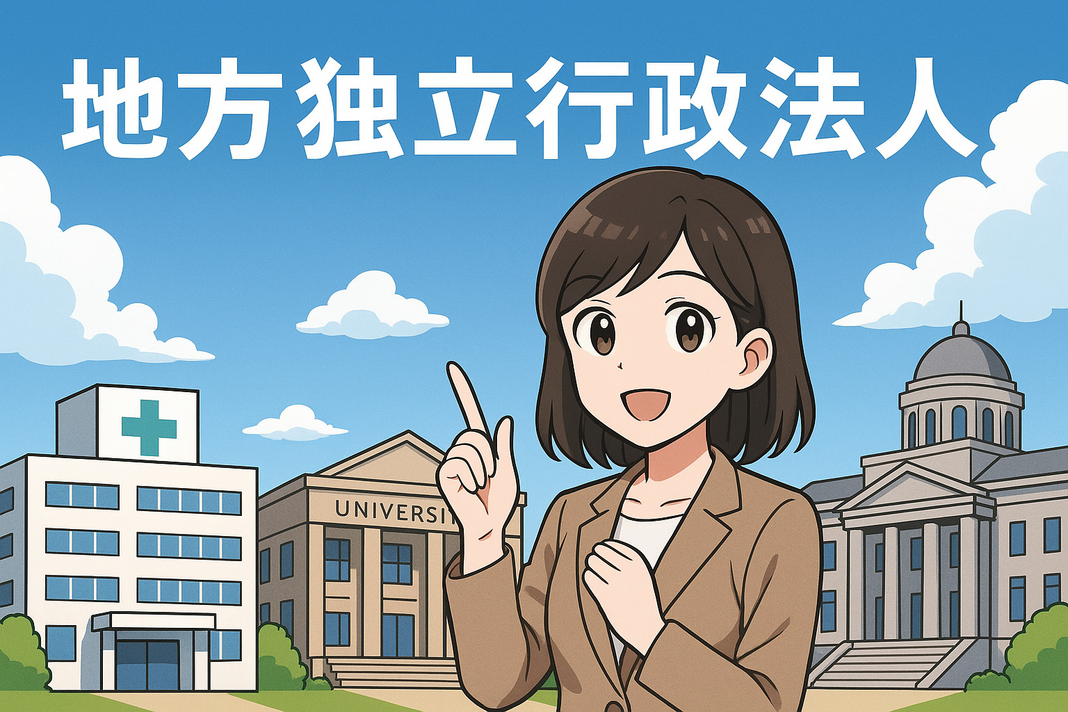 施設の前でこちらを向いている女性のイラスト