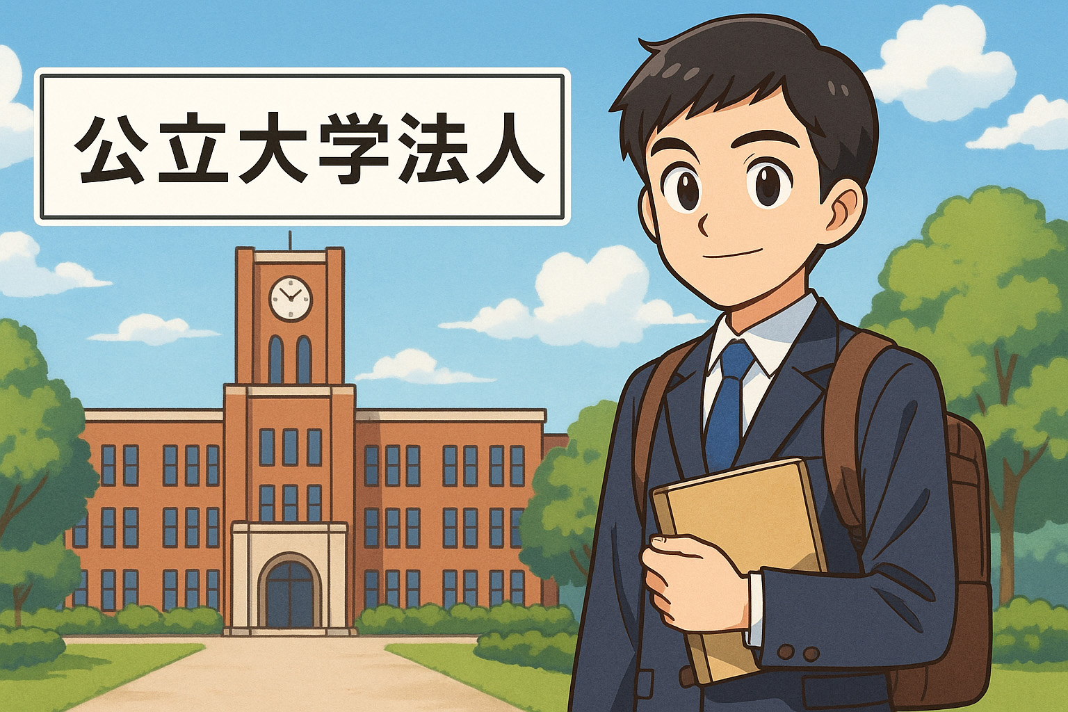 公立大学の施設の前でこちらを向いている男性のイラスト
