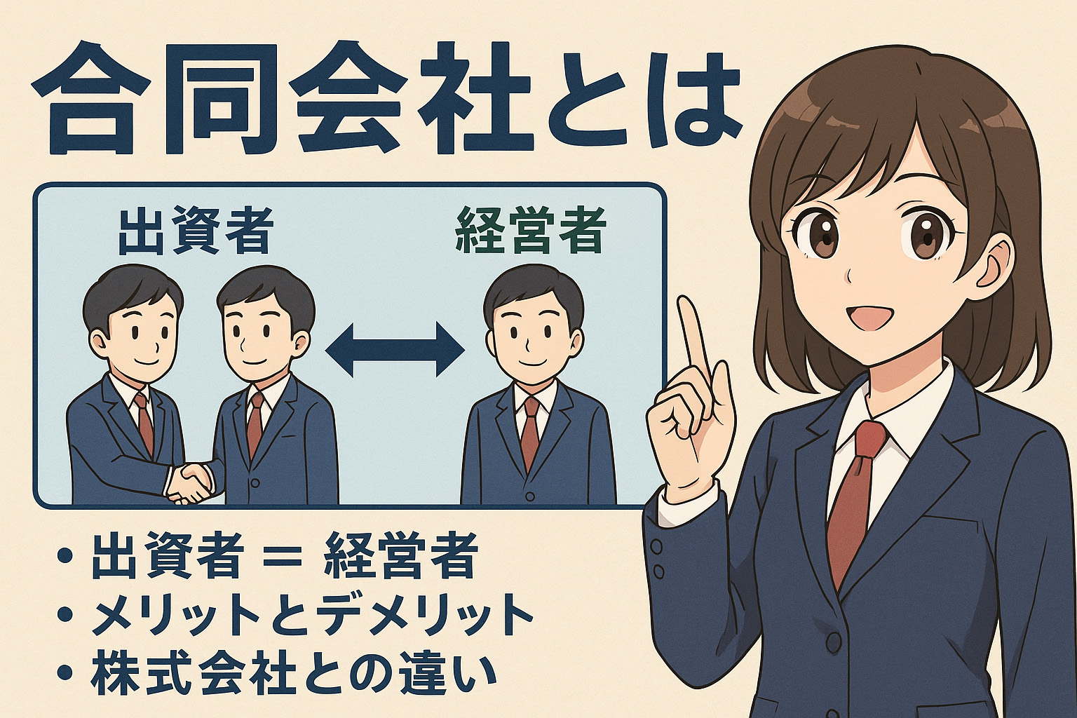 合同会社とはなにかを説明している女性のイラスト