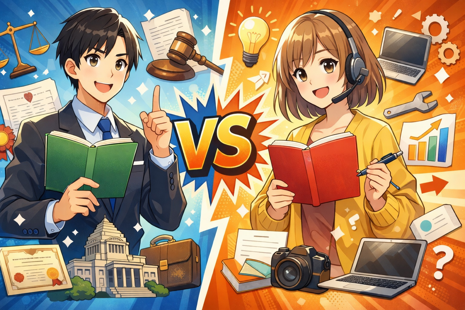 国家資格と民間資格の違い表現するイメージイラスト