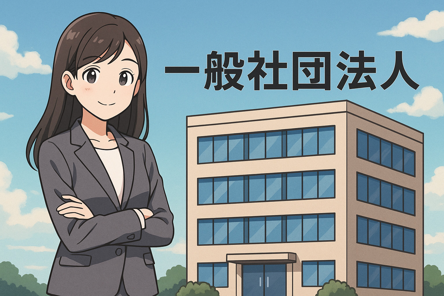 一般社団法人の建物をバックにこちらを向いている女性のイラスト