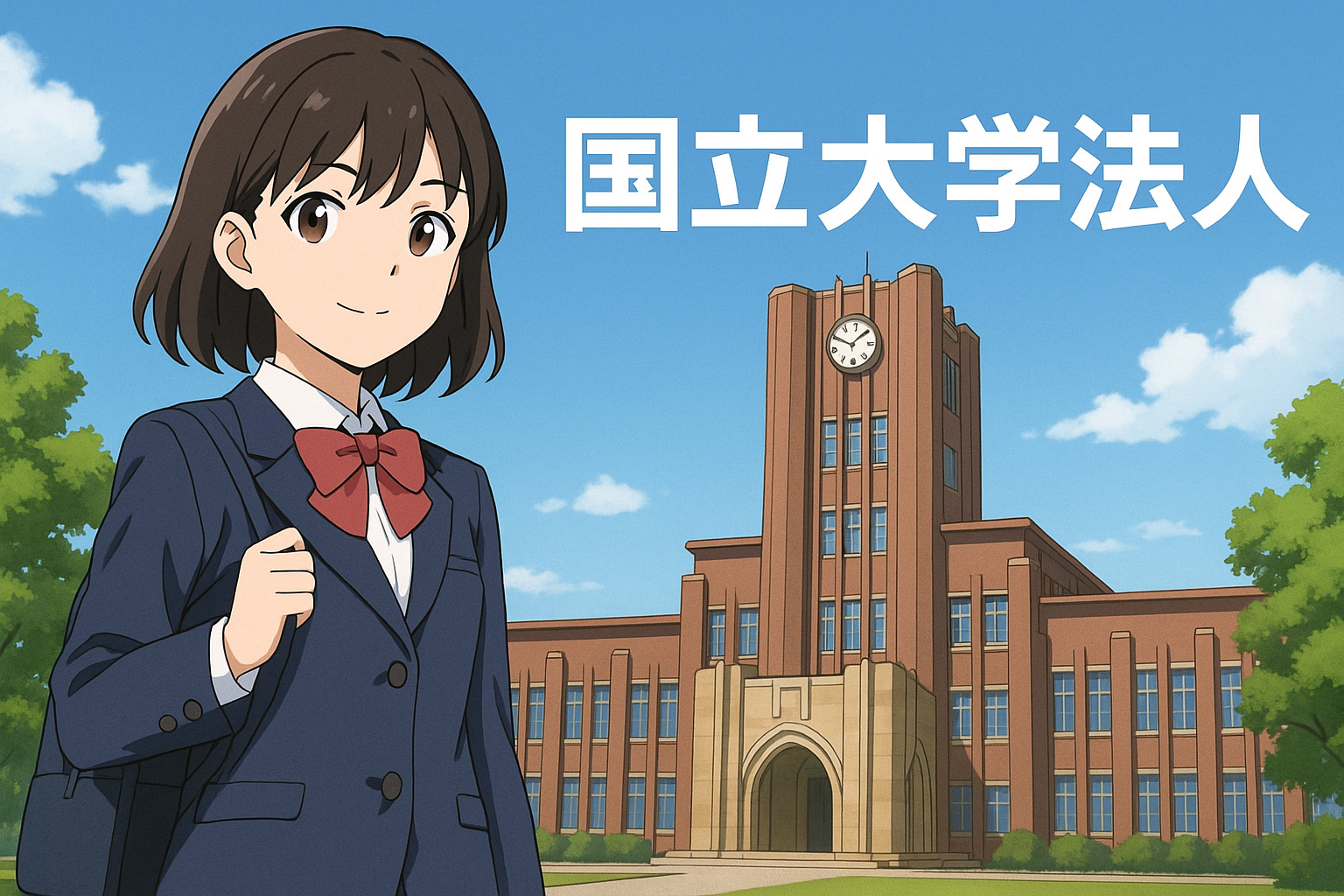国立大学の施設の前でこちらを向いている女性のイラスト