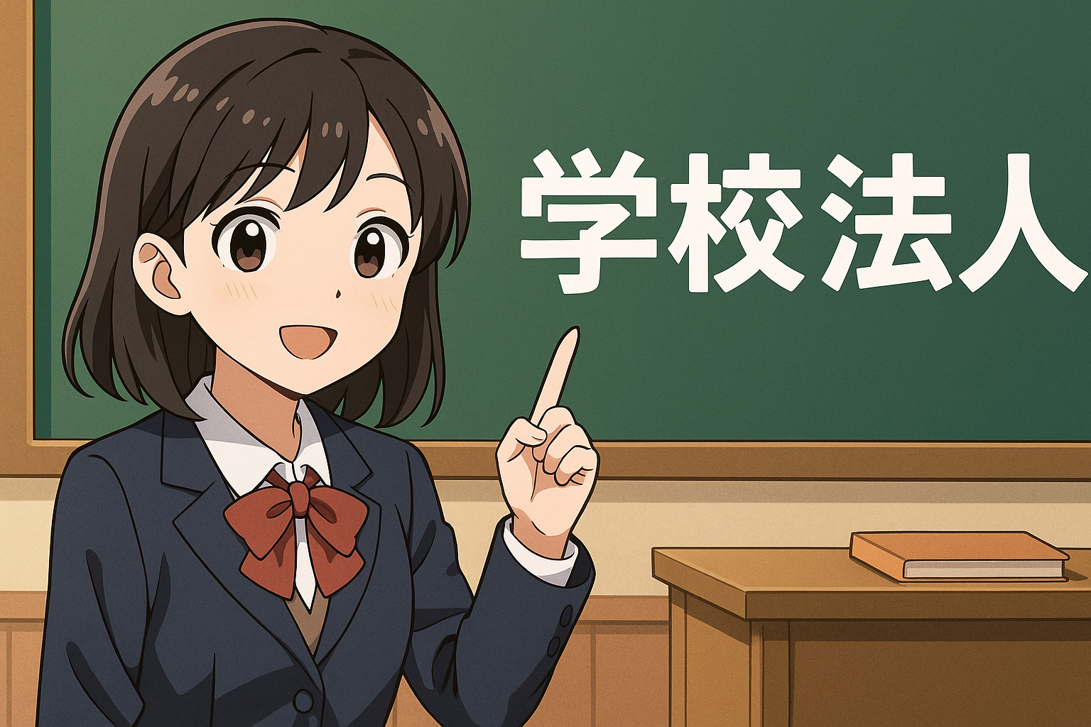 学校法人と書かれた黒板をバックにこちらを向いている女性のイラスト