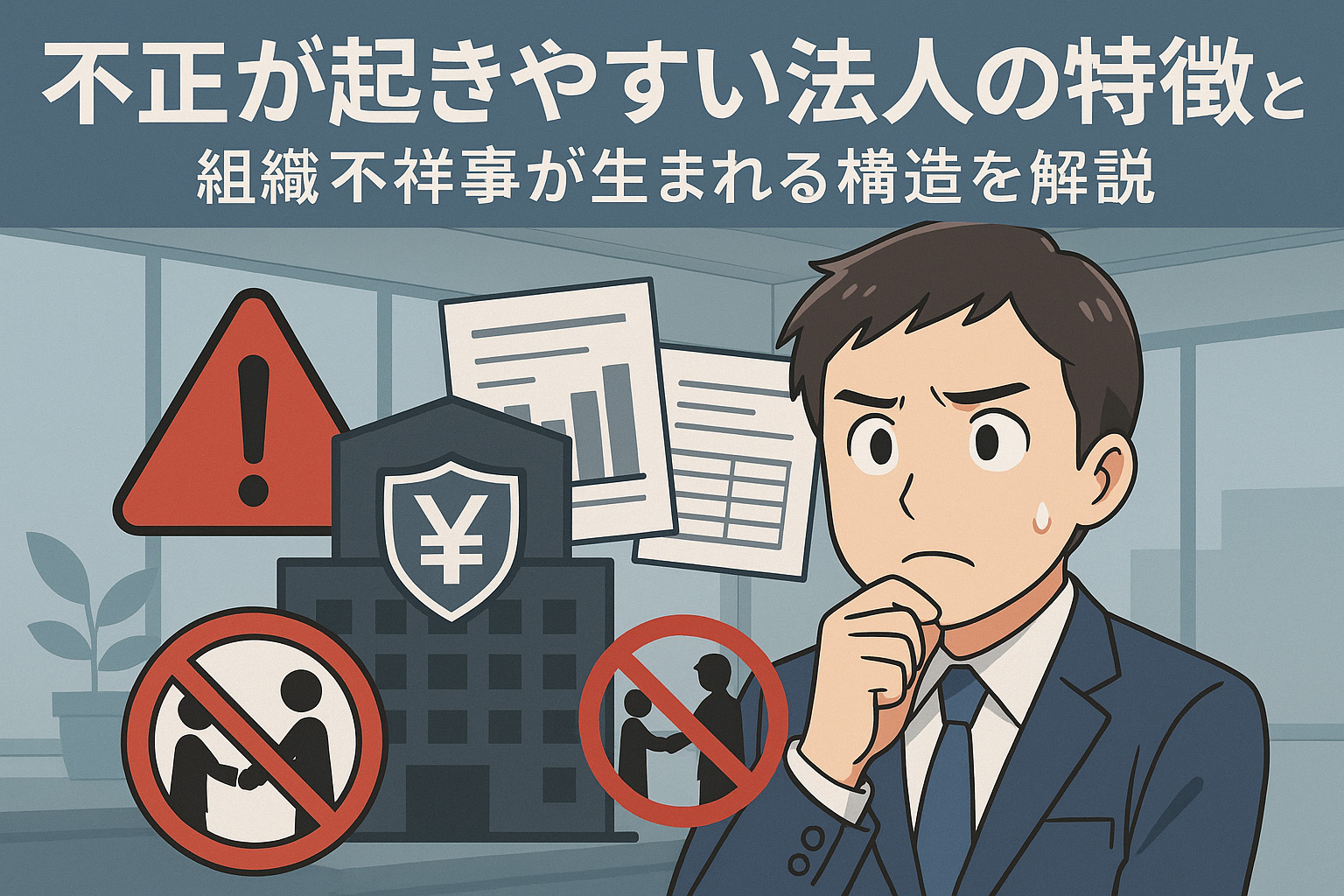不正が起きやすい法人の特徴について考え込んでいる男性のイラスト