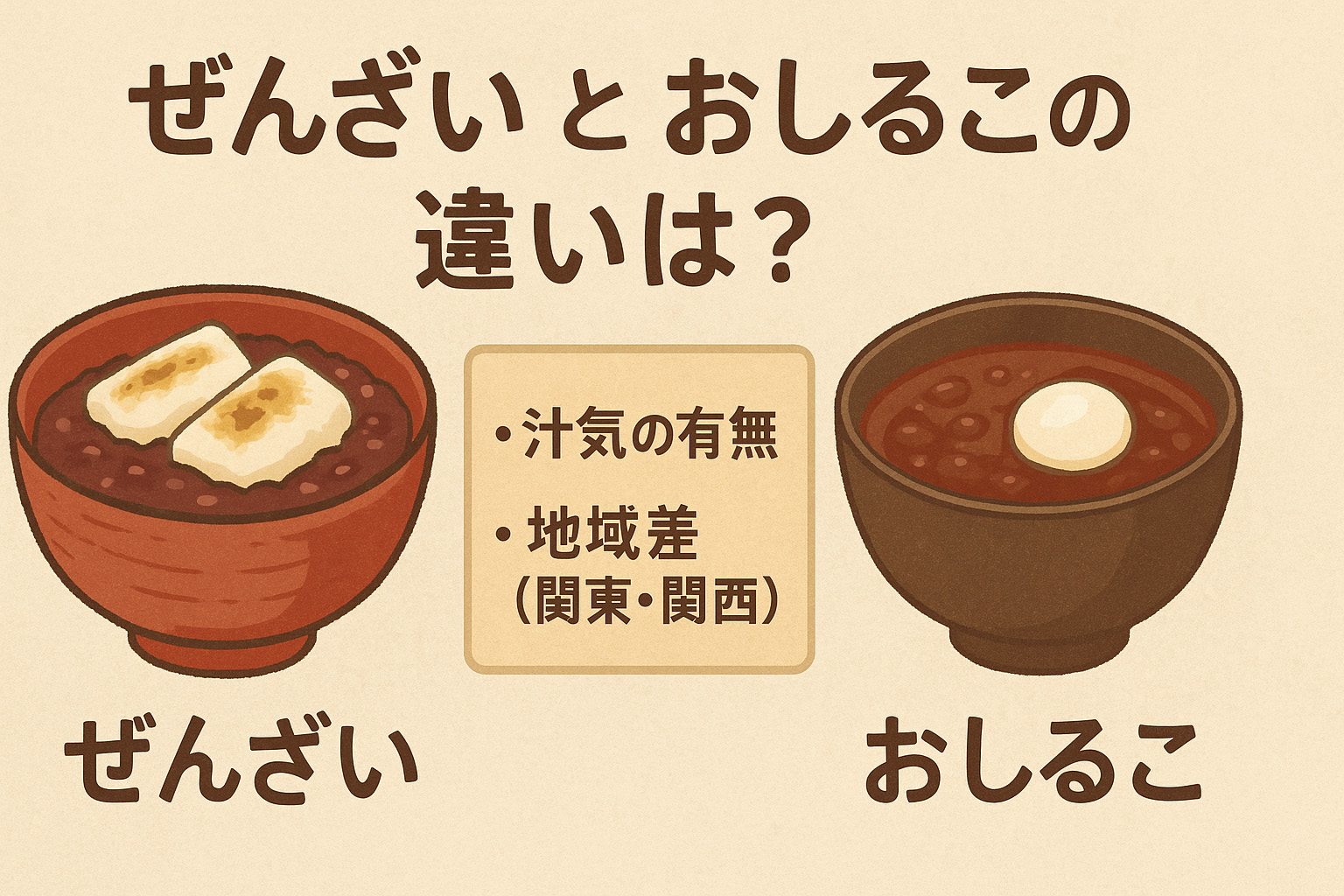 ぜんざいとおしるこの違いを説明しているイメージイラスト