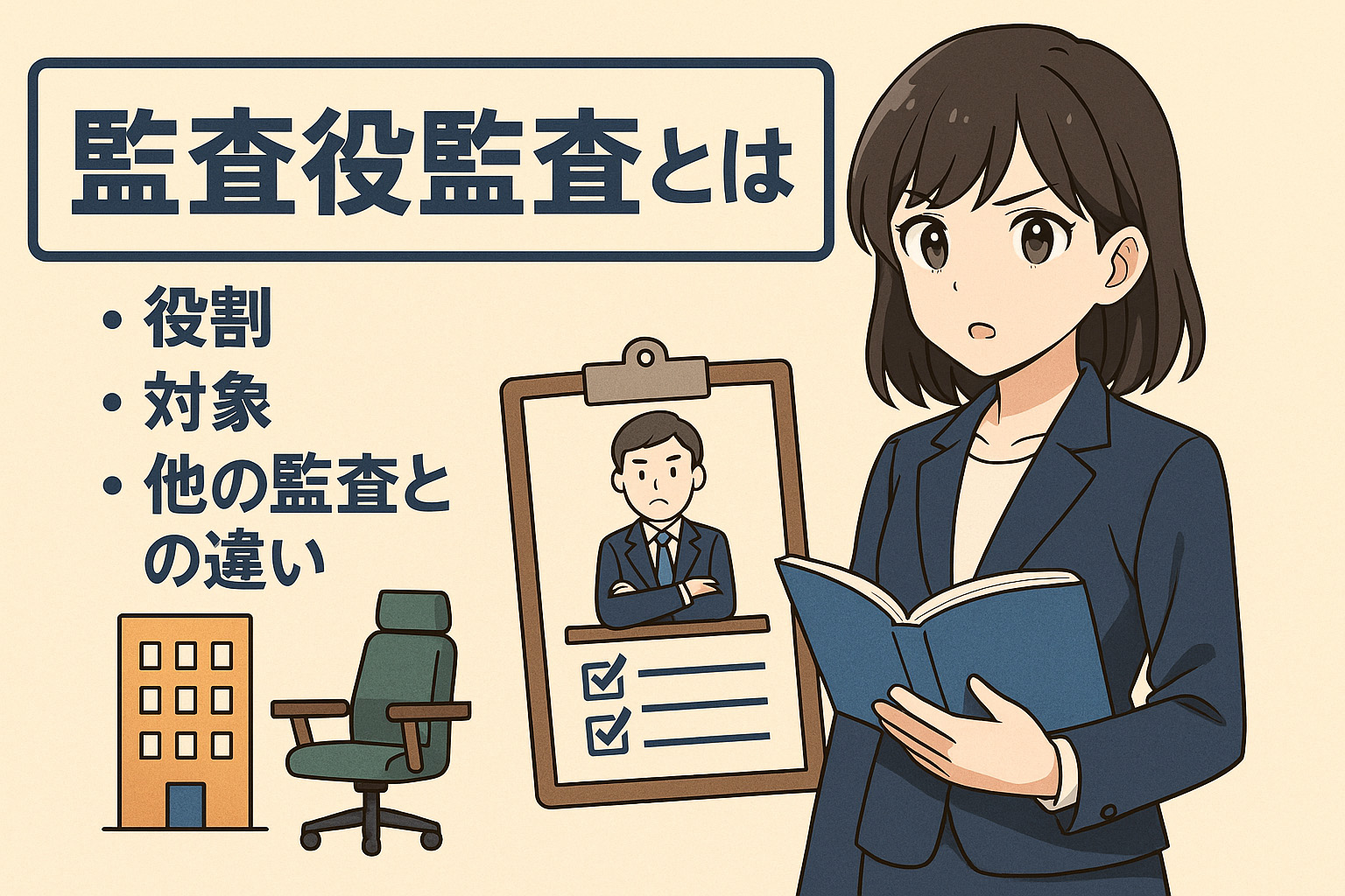 監査役監査とはなにかを説明している女性のイラスト