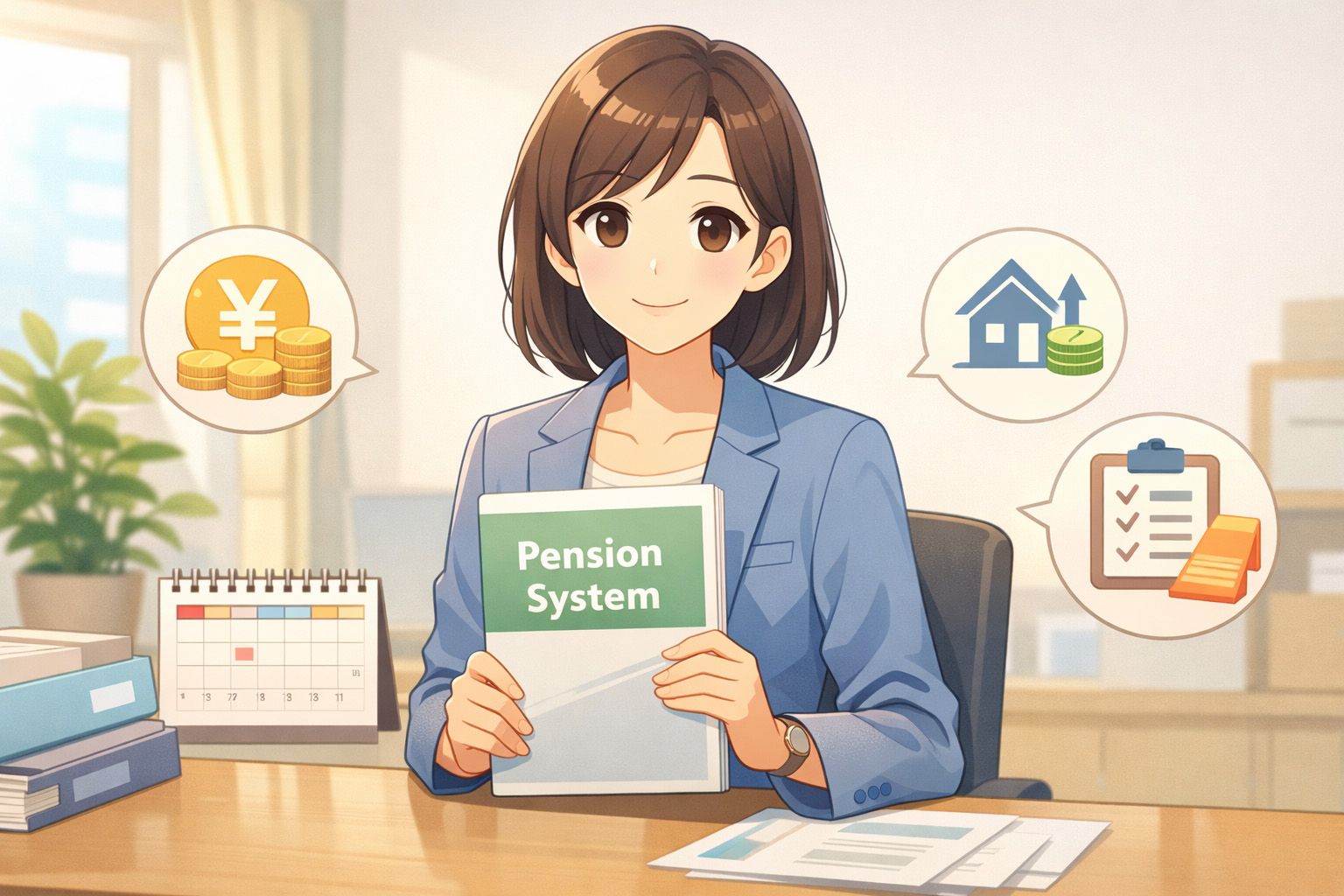 年金アドバイザーのオフィスで微笑んでいる女性のイラスト