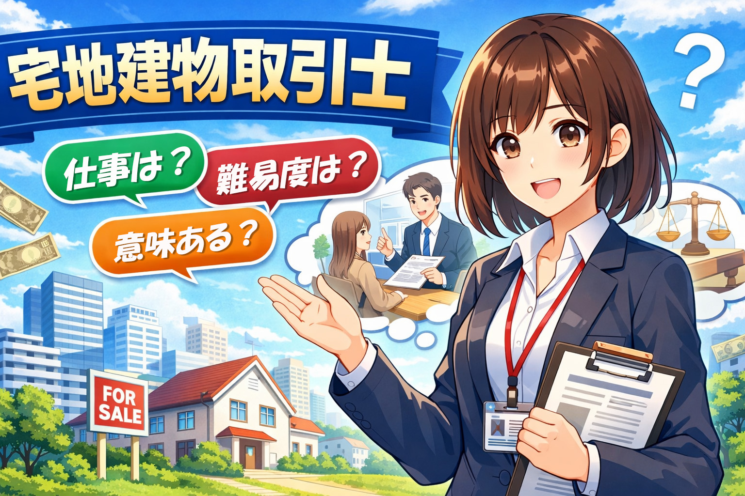 不動産物件を紹介している女性のイラスト