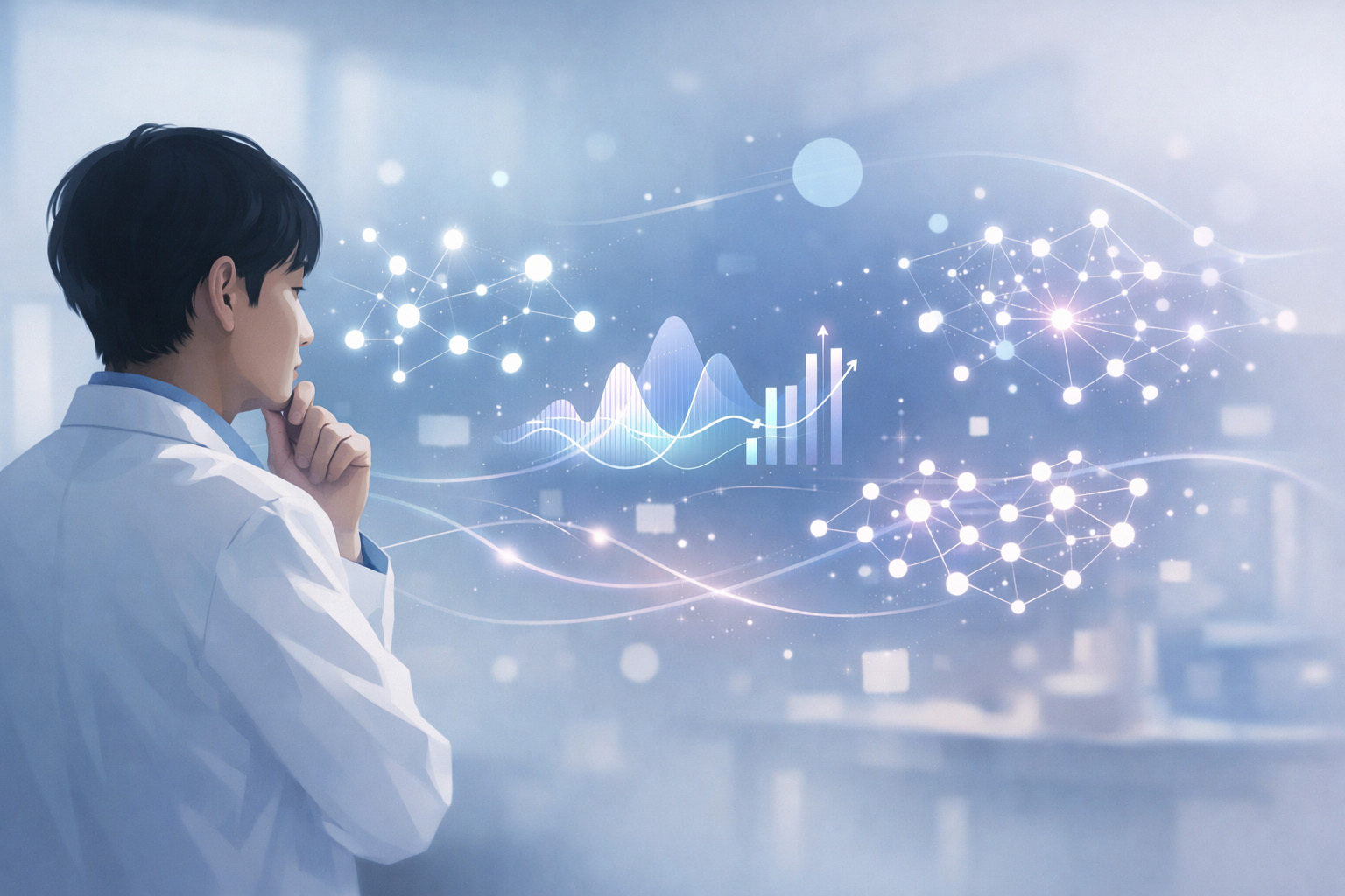 研究者が考え込んでいる様子のイラスト