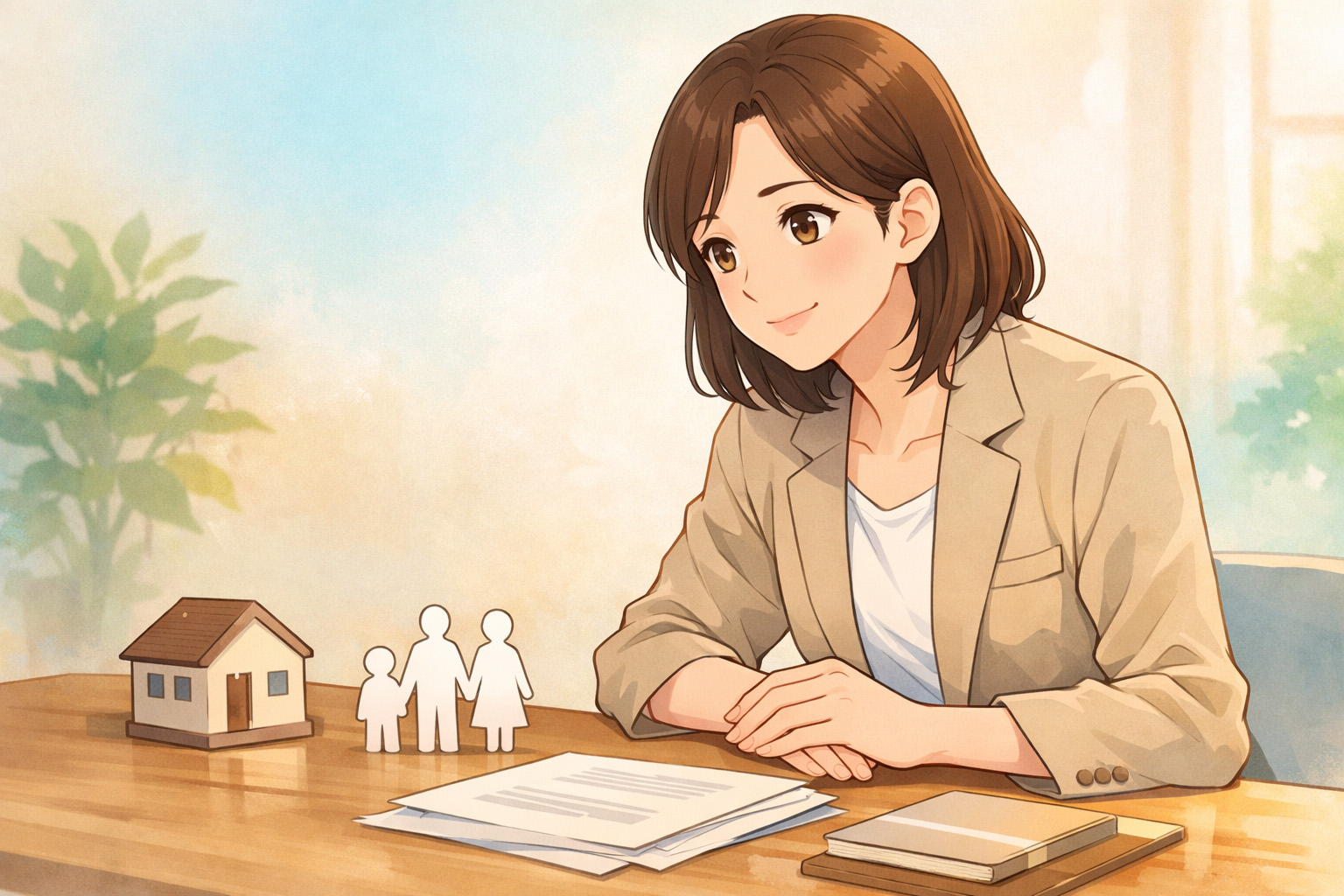 オフィスで微笑んでいる女性のイラスト