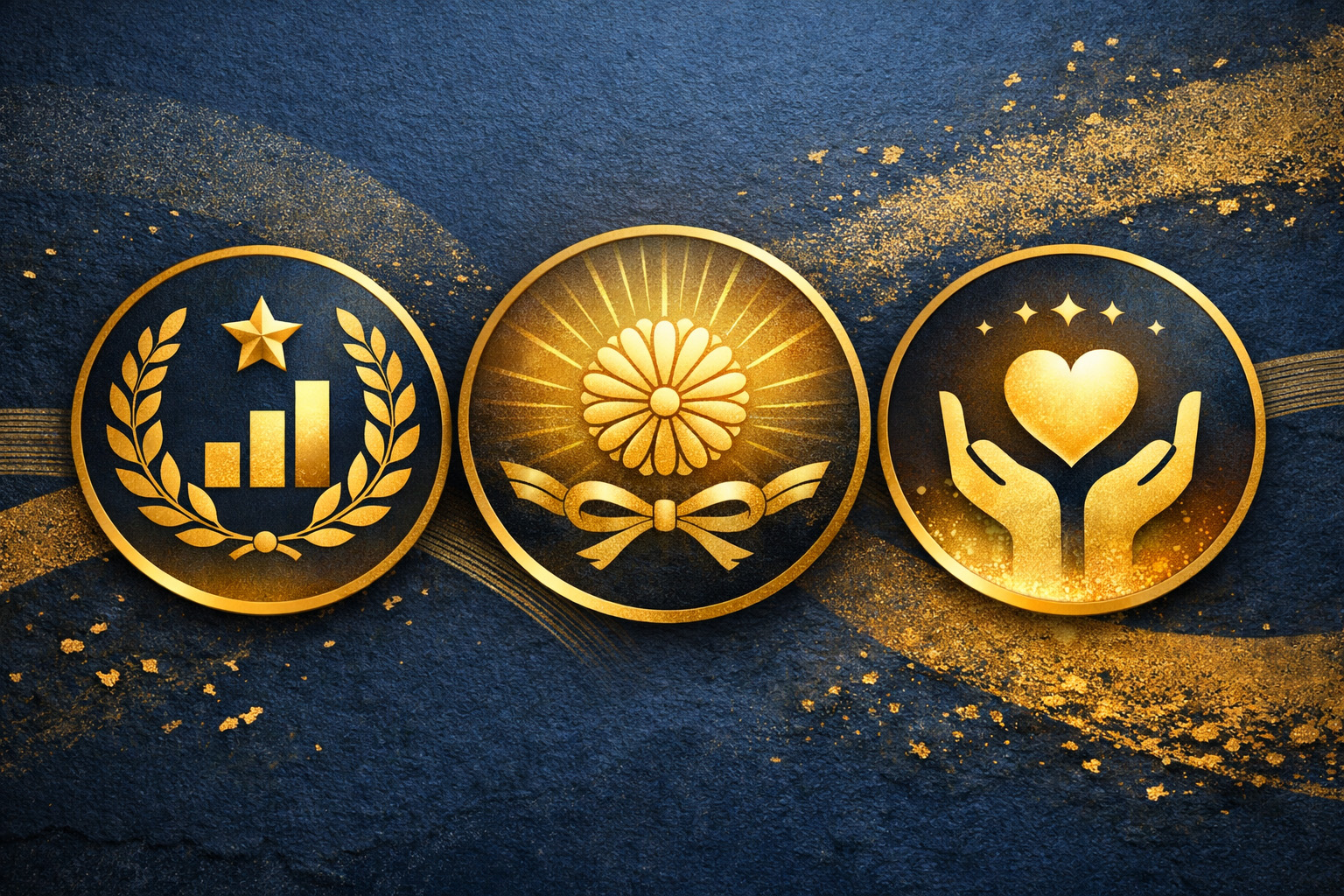 「評価」「顕彰」「称える」という概念の違いが直感的に伝わる構図をイメージしたイラスト