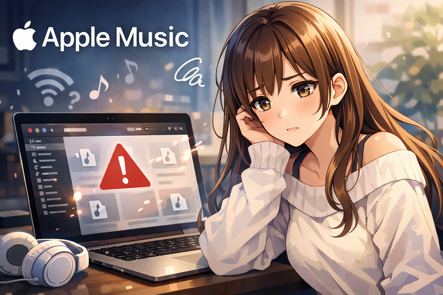 女性がPCの前で悩んでいる様子のイメージイラスト