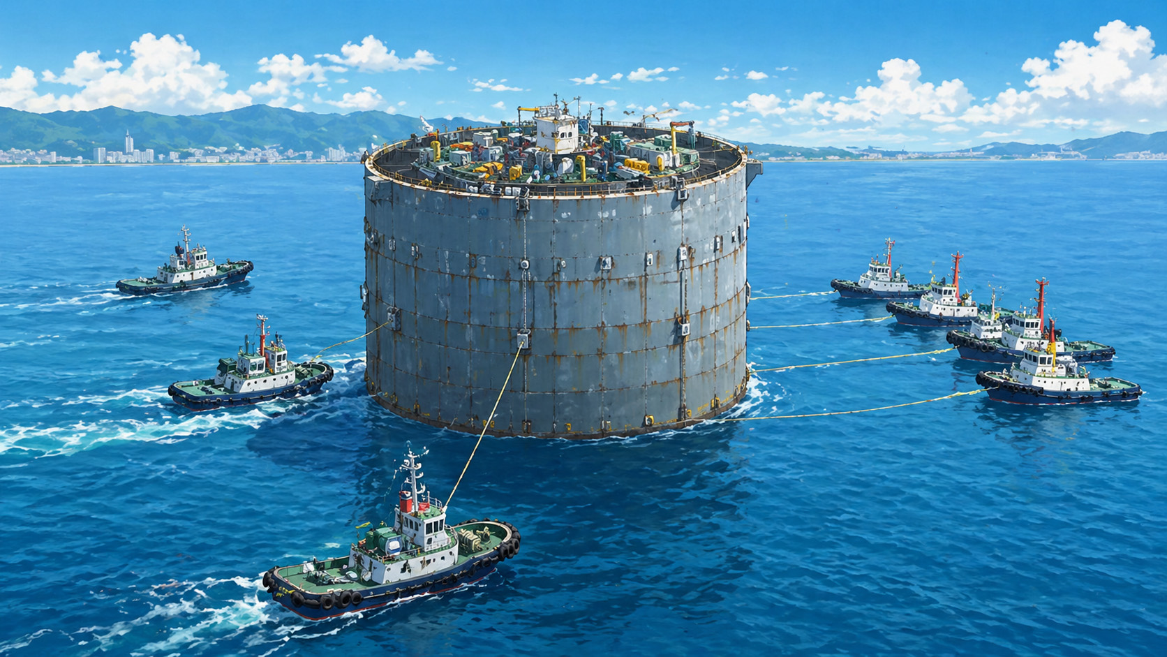 明石海峡大橋の基礎工事をイメージした、巨大な鋼ケーソンを複数の船で海上曳航しているイラスト