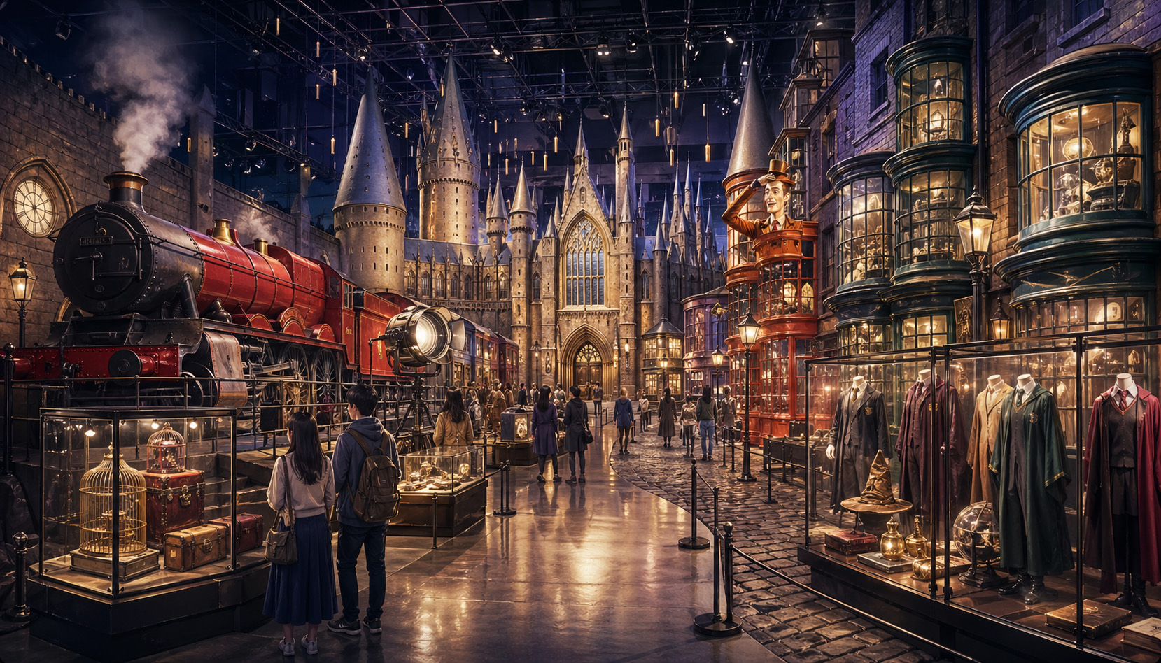 魔法映画のスタジオツアーをイメージした、汽車や城、衣装展示が並ぶ屋内施設のイラスト