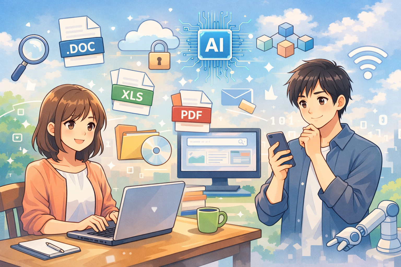 パソコンやスマートフォン、ファイル形式をイメージしたモチーフと男女2人を描いたやさしいアニメ風イラスト