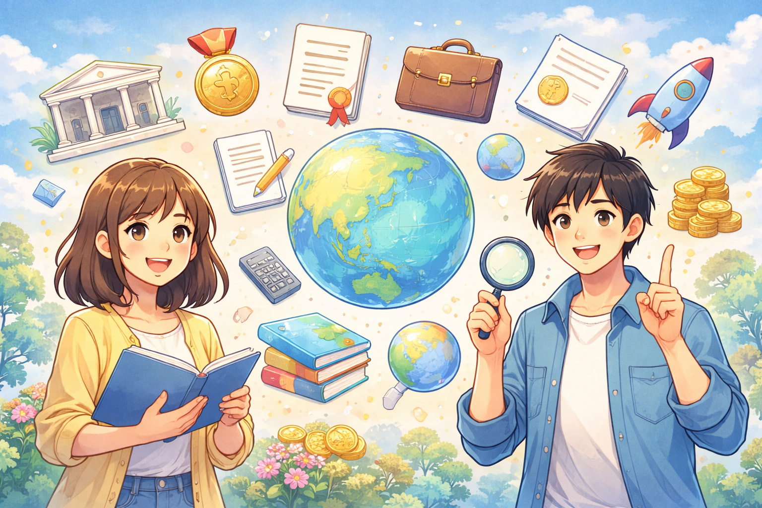 地球儀や本など学びをイメージしたモチーフと男女2人を描いたやさしいアニメ風イラスト