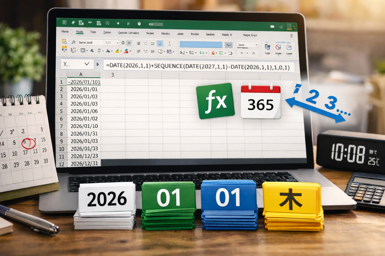 Excelで1年分の日付をSEQUENCE関数で自動生成しているイメージ