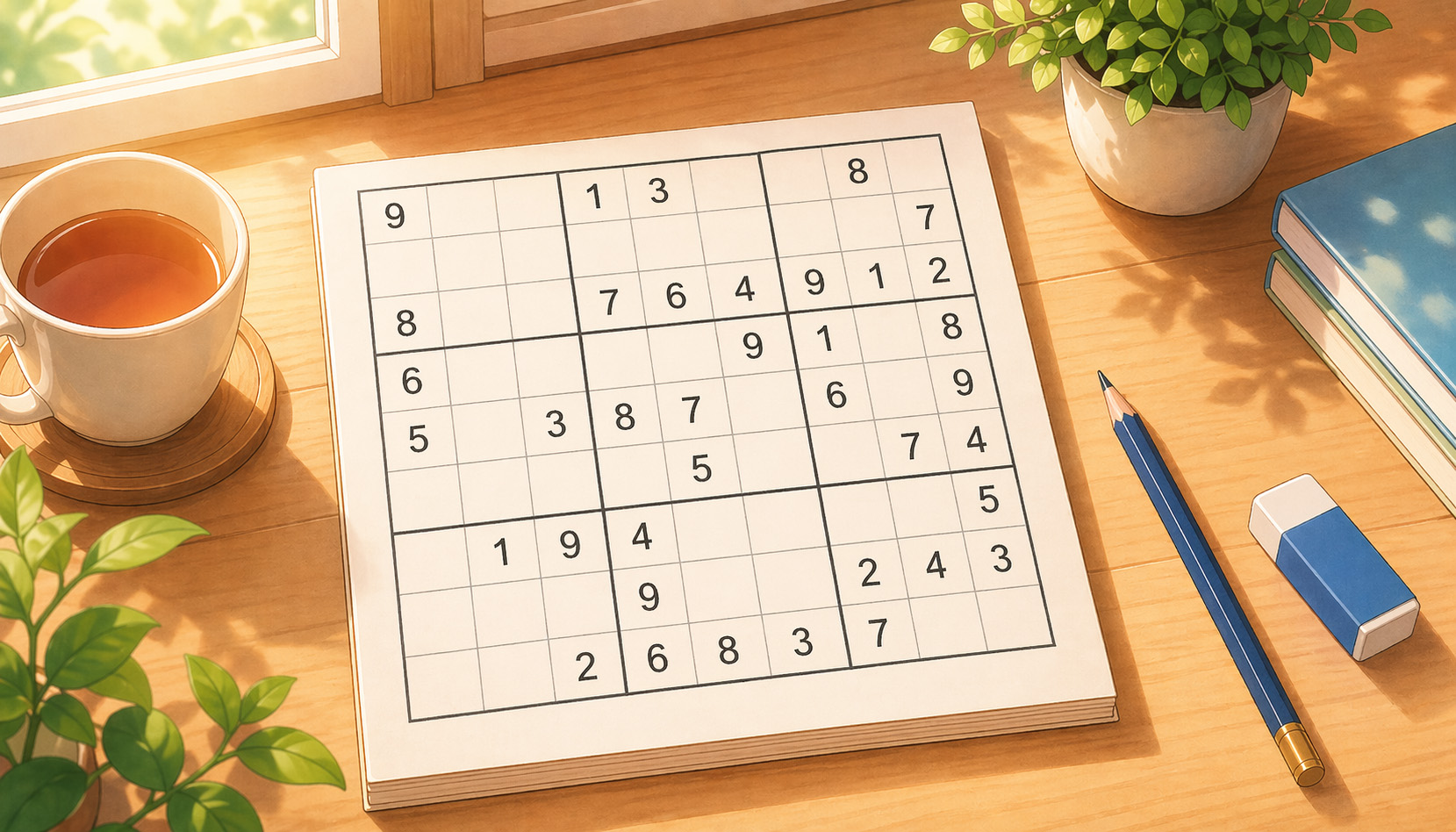 木の机の上に置かれたナンプレの問題用紙と鉛筆、消しゴム、紅茶を描いた、やさしいアニメ風イラスト