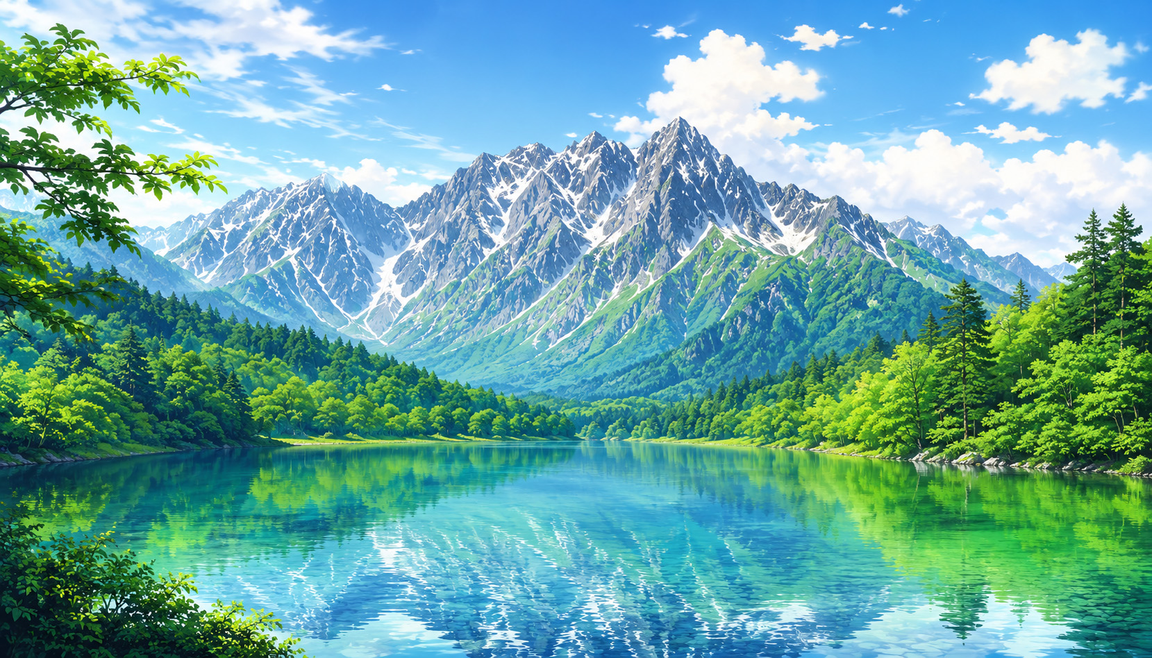 日本の国立公園一覧の記事用に、山岳・森林・湖の自然景観を描いたイラスト