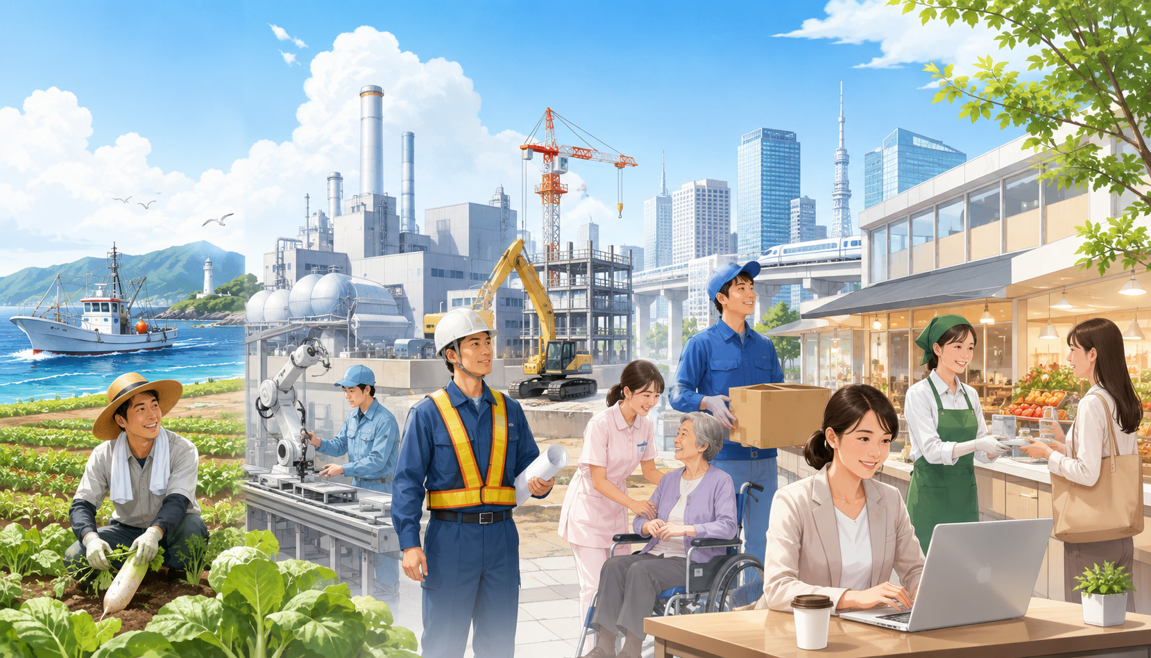 一次産業・二次産業・三次産業を表す農業、漁業、製造業、建設業、医療・福祉、物流、小売、IT関連の仕事が一つの社会の中でつながっている様子を描いたイラスト