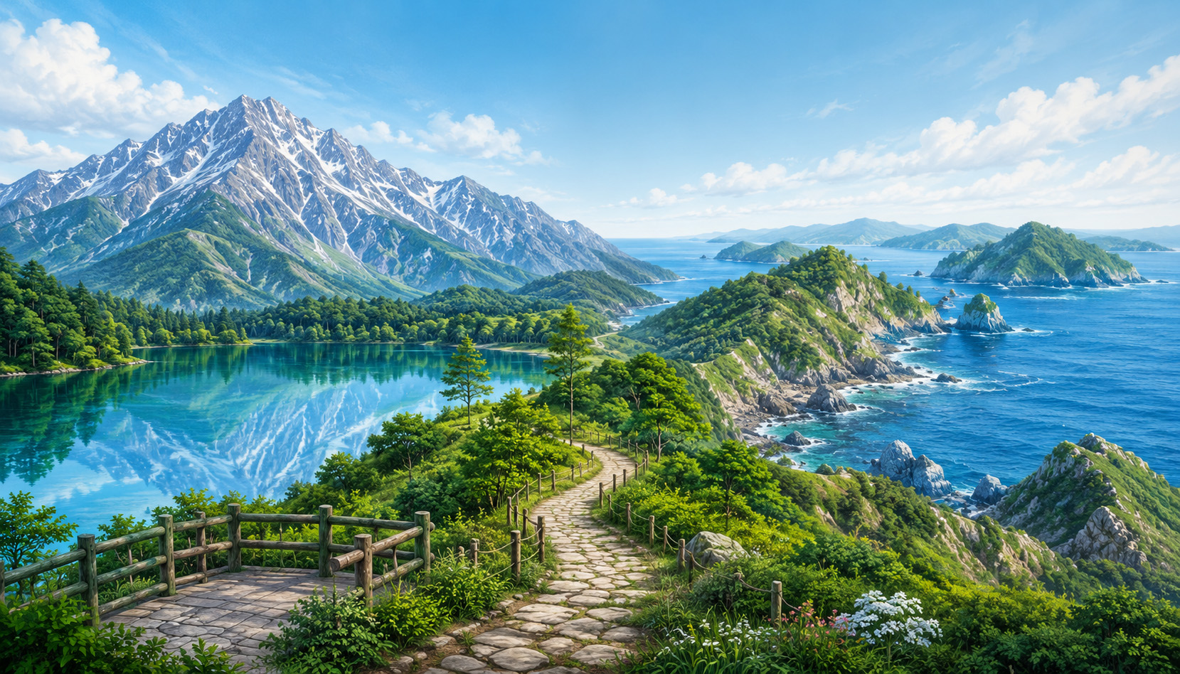 国立公園と国定公園の違いをテーマに、山・湖・森林・海岸の自然景観を描いたイラスト