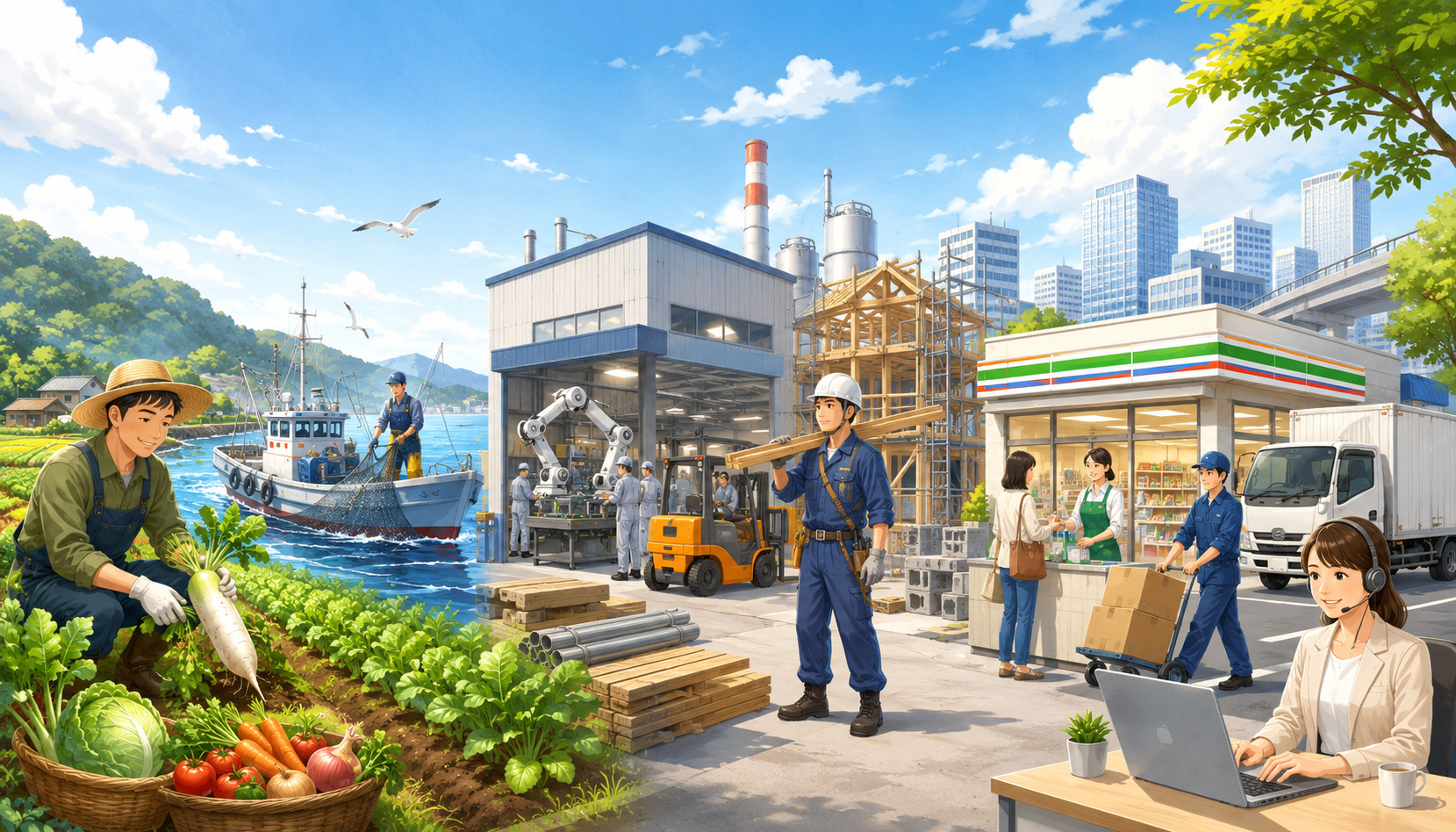 農業や漁業、工場や建設、販売・物流・ITサービスなど、一次産業・二次産業・三次産業のつながりを表したイラスト