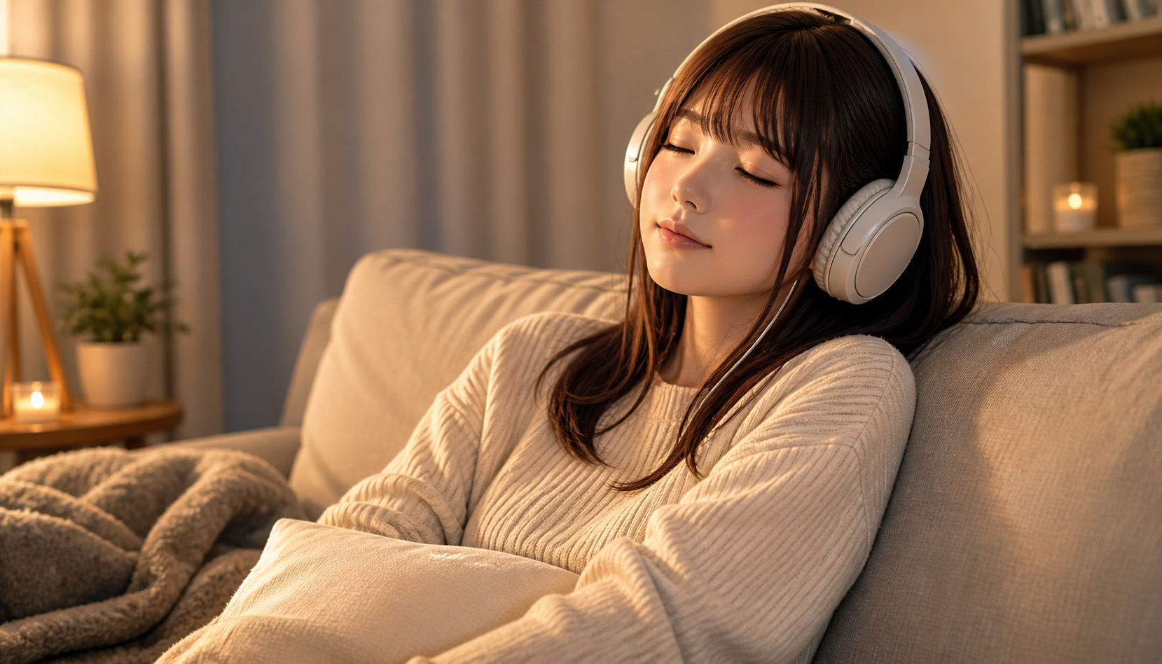 ヘッドホンでASMR音声を聴きながら、リビングで穏やかにくつろぐ女性のイラスト