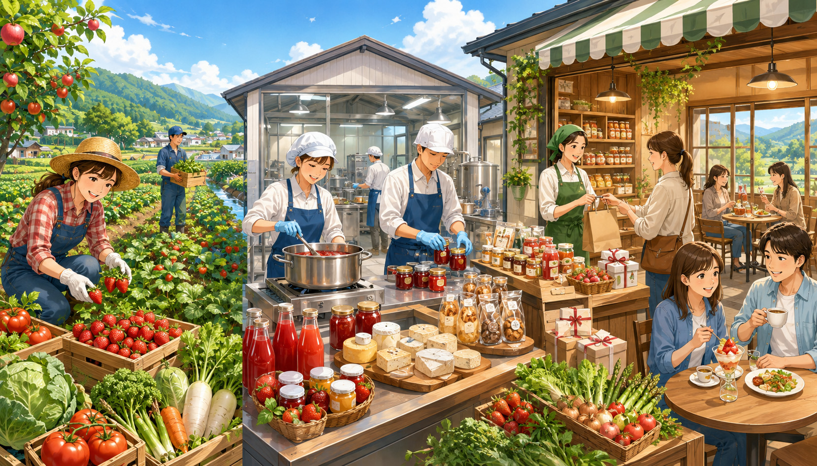 農家が収穫した野菜や果物を加工品にし、直売所やカフェで販売する六次産業のイラスト