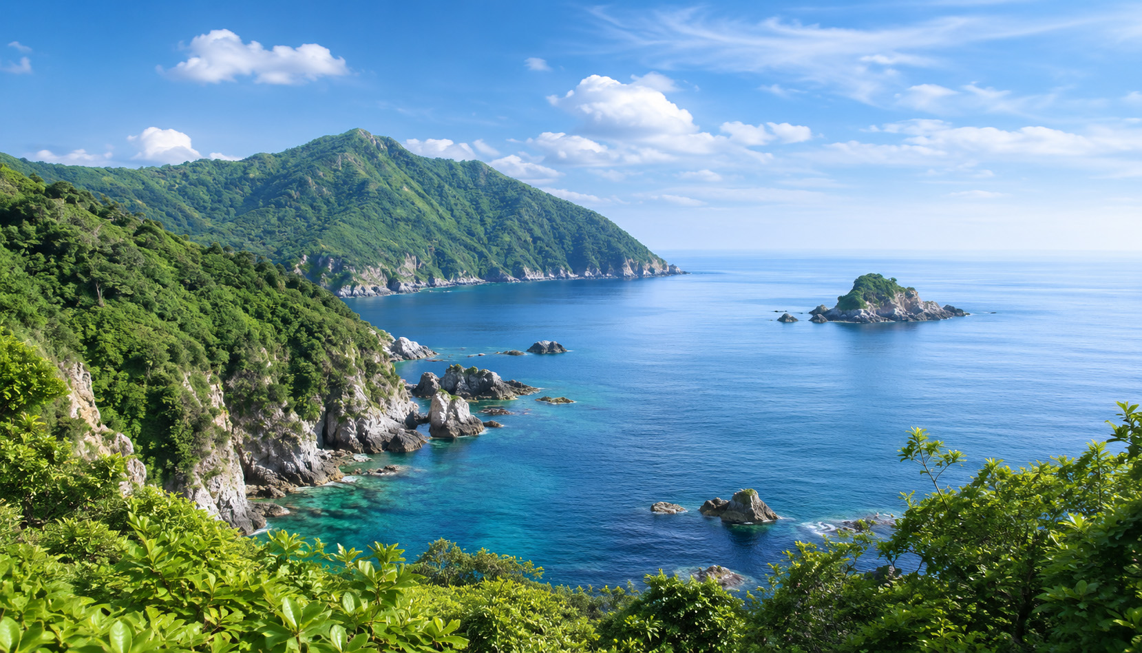 日本の国定公園一覧の記事用に、海岸や岬、緑の山並みが広がる自然景観を描いたイラスト