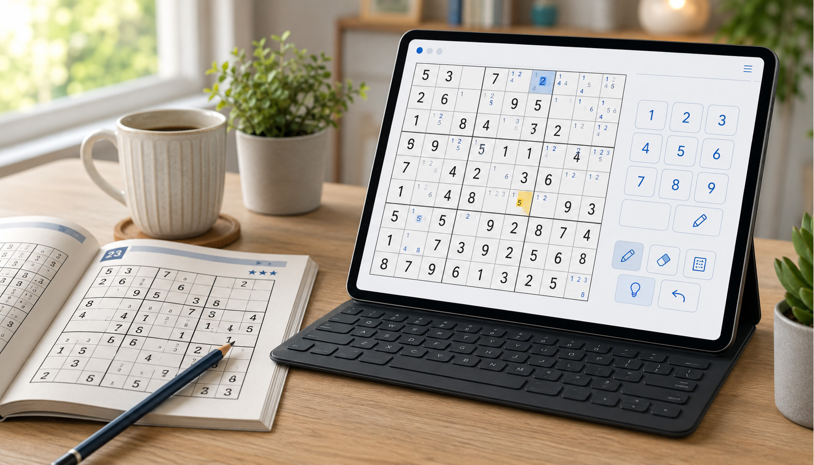 紙のナンプレ問題を見ながら、候補数字を整理できるナンプレ入力補助ツールをタブレットで使う様子