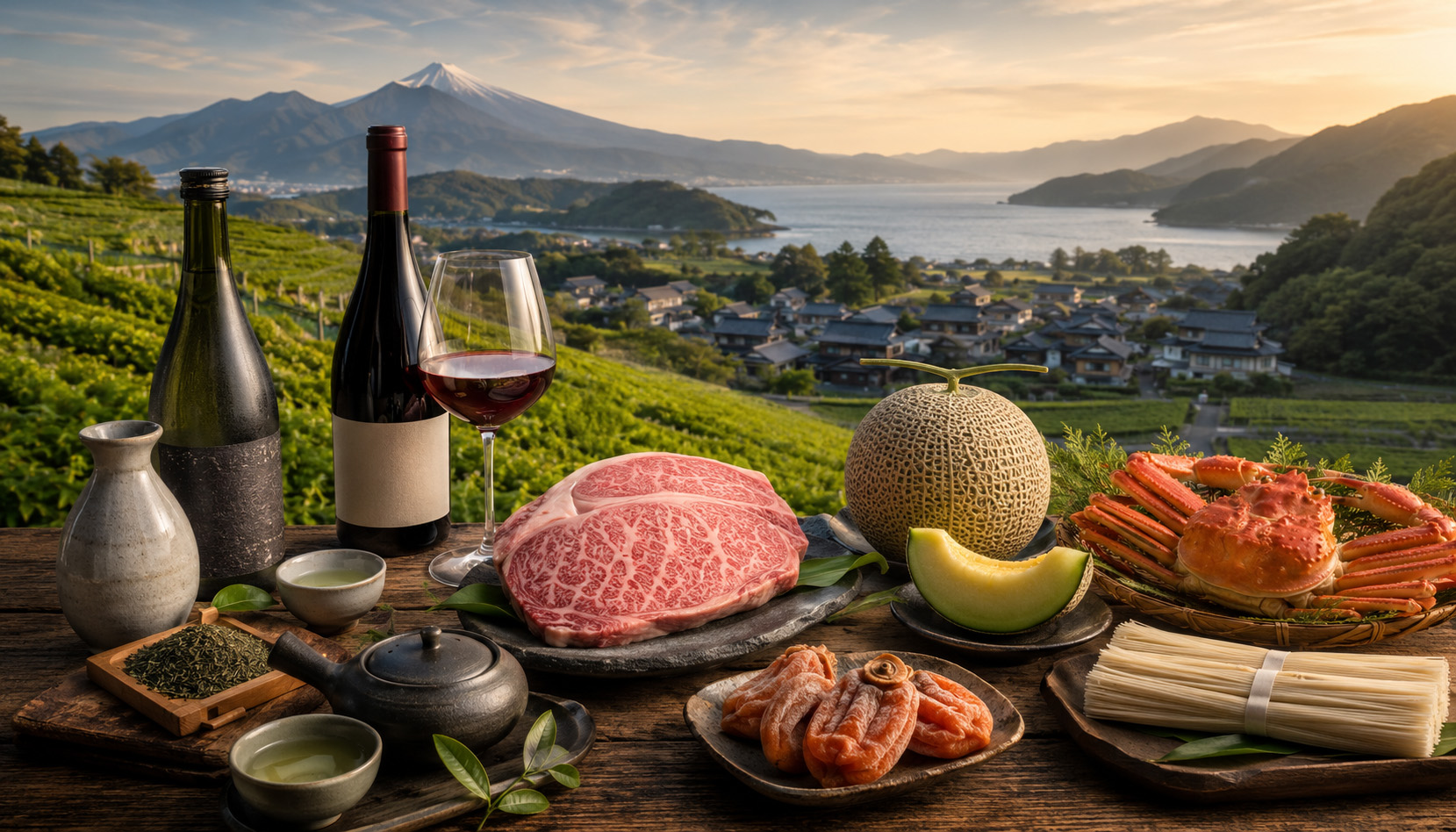 GI（地理的表示）を象徴する日本酒、ワイン、和牛、メロン、カニ、干し柿、茶、そうめんと、日本の山や田園、海辺の風景